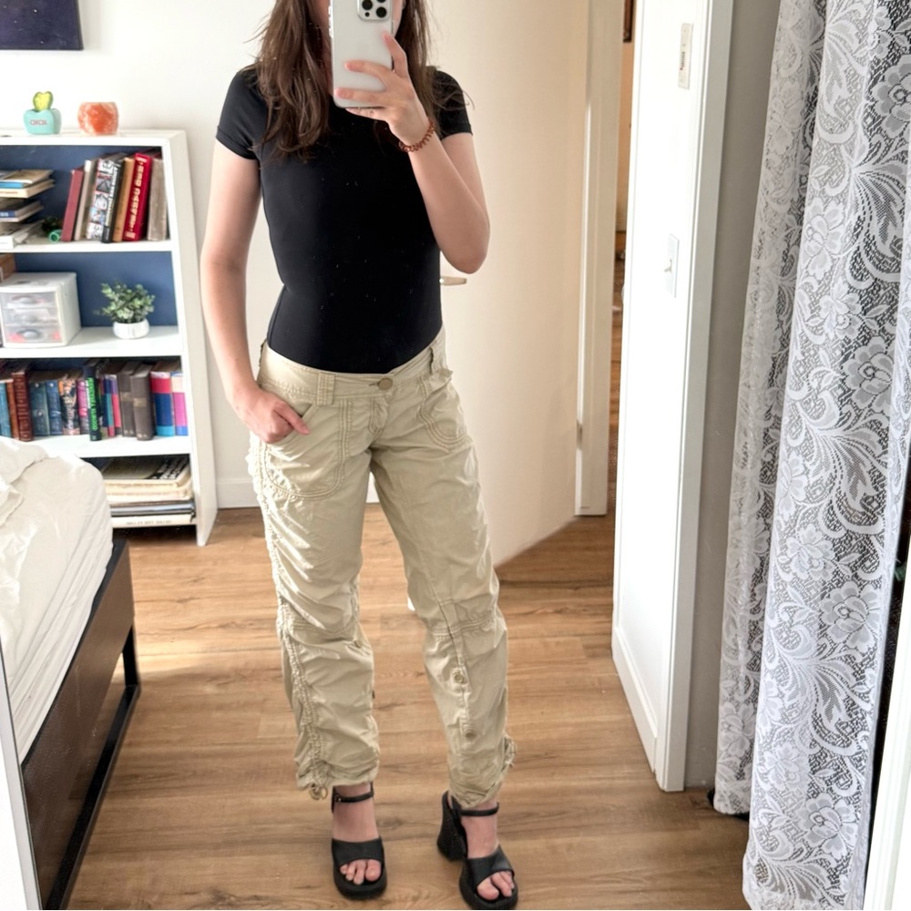 Y2K Abercrombie & Fitch Beige Cargo Pants Fold up Rouched Low Rise 100% Cotton 2